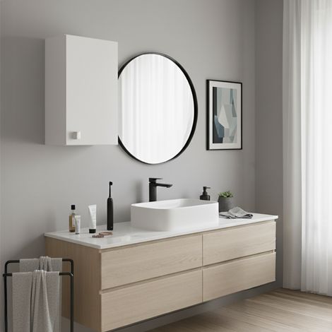 Armoire Murale 1 Porte Blanc Frêne - Meuble Suspendu Gain de Place avec Étagère Réglable - Préassemblé pour Salle de Bain, Cuisine, Buanderie et Entrée