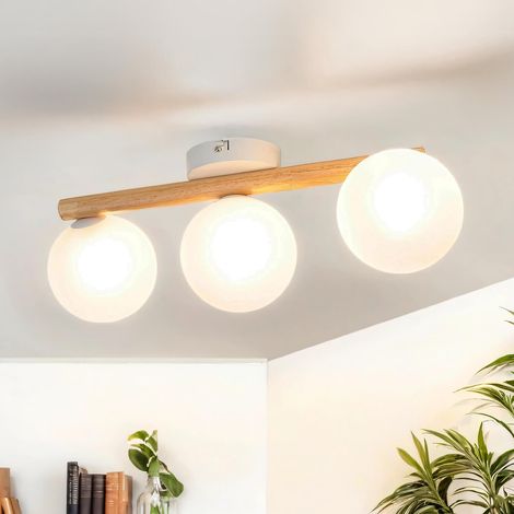 Plafonnier métal verre G9 bois clair blanc 3 lampes allongé moderne