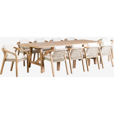 Sklum – Ensemble table rectangulaire 260x100 cm et 10 chaises en bois d'acacia – Base à pieds angulaires – Coussins avec fermetures éclair (1/5)