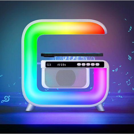 Nuova lampada da tavolo intelligente, lampada d'atmosfera con caricabatterie wireless, altoparlante Bluetooth, lampada da tavolo a LED, luce notturna, lampada da comodino, musica, sveglia FM, scheda U