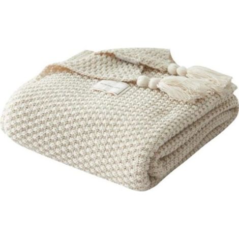 Couverture de canapé de style nordique Couverture de sieste de bureau Couverture de laine de boule de tricot de gland, beige (1/4)