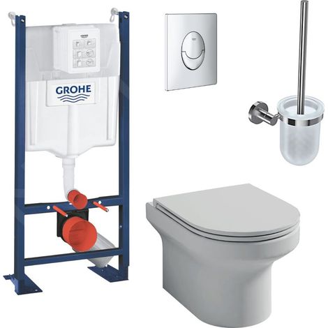 Pack WC suspendu Jacob Delafon sans bride Elite abattant extraplat + Bâti support Grohe RapidSL + plaque chromé + Porte-balai (1/3)