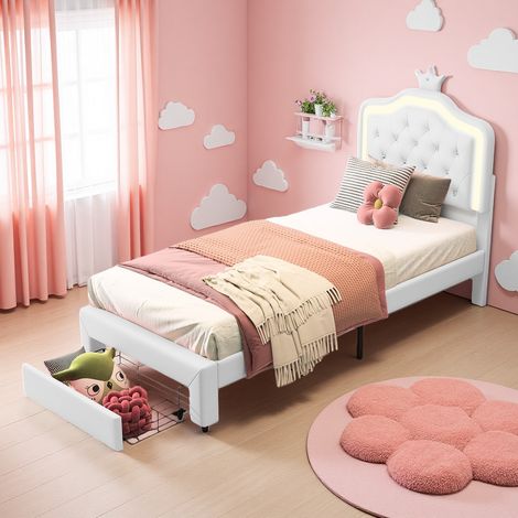 Lit simple princesse 90x200, tête de lit avec couronne, éclairage LED et 1 tiroir - cadre de lit, lit enfant fille - Blanc (1/5)