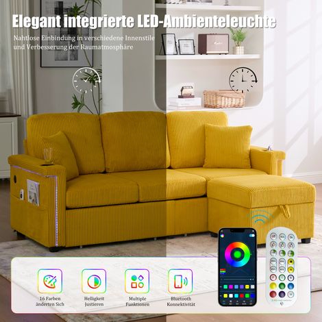 Canapé velours premium jaune moutarde, luminaires LED intégrés et port USB-C, avec pouf coffre, porte-verres et poches latérales – meuble haut de gamme pour salon, chambre ou bureau. (1/5)