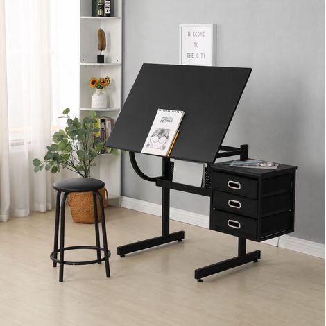 Mesa de dibujo regulable negra con taburete y 3 cajones OKWISH (1/5)