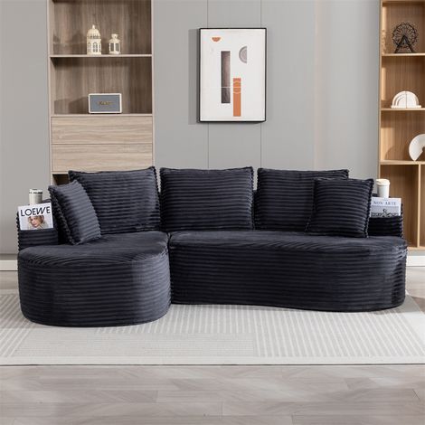 Canapé d'Angle Courbe 3 Places - 250cm - Velours Côtelé avec Porte-Gobelets et Poches Latérales - Gris Foncé (1/5)