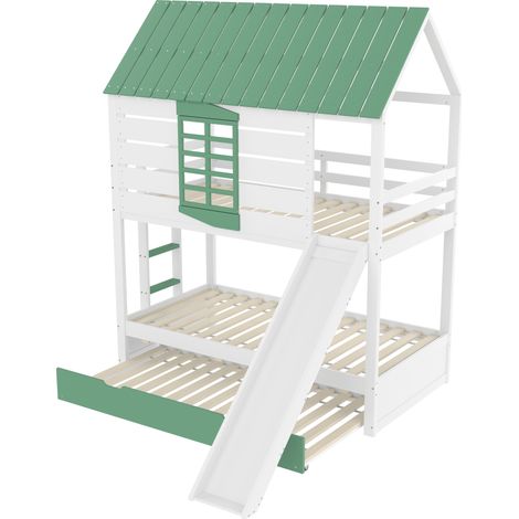 Letto a castello a casetta 90 x 200 cm con scivolo e letto estraibile, bianco e verde HOMVRA (1/5)