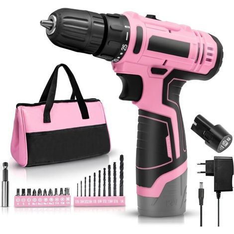 Tournevis électrique 12V rose – Tournevis sans fil avec coffret d'outils – Coffret d'outils complet. 1400 tr/min. 21 forets. pour le bricolage et l'entretien de la maison (1 batteries) (1/5)