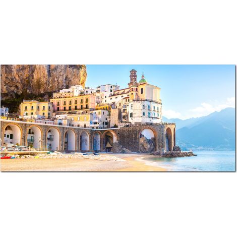 Lupia - Quadro moderno su Tela Canvas DEEP 65X143 cm, con paesaggi e localismi italiani, per casa, soggiorno, capezzale camera da letto, hotel, ufficio, NAPOLI - PORTOFINO SPIAGGIA (1/4)