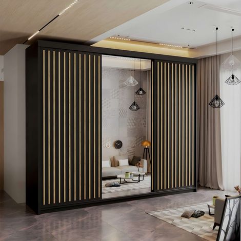 Royal 2 & 3 Door Sliding Mirror Wardrobe Modern Bedroom Storage - Black/Oak250cm