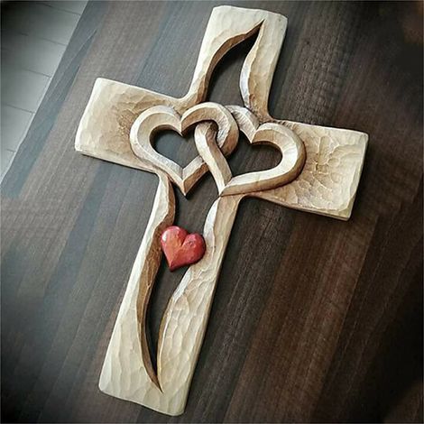 Croce in legno intagliato - Forma di cuore intrecciato, croce a forma di cuore in legno intagliata a mano per decorazione murale, decorazione del soggiorno (1/4)