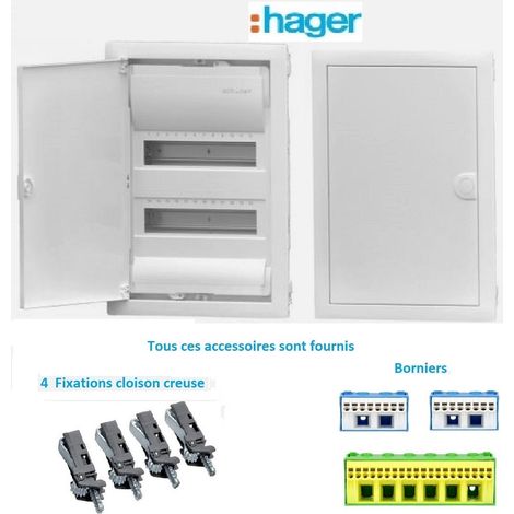 Coffret électrique encastré Cloison creuse 24 modules 2 rangées - porte Métallique blanche Hager VH24NC