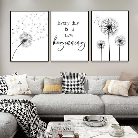 Lot de 3 posters au motif de plantes - Moderne Noir et blanc Pissenlit Peinture sur toile Décoration pour salon, chambre à coucher - Sans cadre(C,3x30x40cm) (1/5)