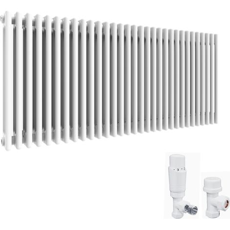 ELEGANT 600 x 1400 mm Traditional Radiator Cast Iron Style Horizontal Radiator White Triple Horizontal Column Radiators and White Thermostatic Radiator Valves (1/5)