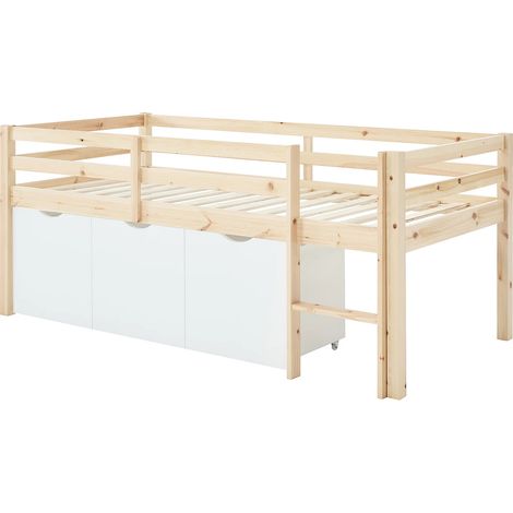 Letto mezza altezza 90 x 190 cm con contenitori - Pino e MDF - Naturale e bianco - LANIORI (1/5)