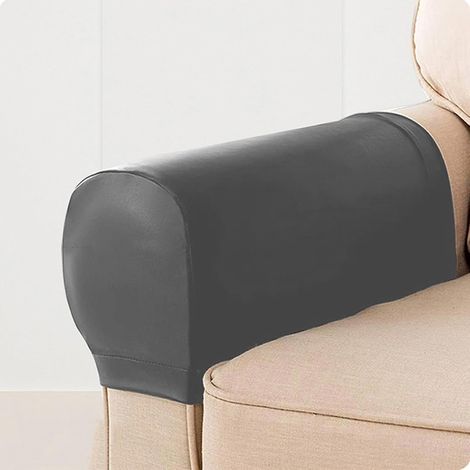 Fundas de 2 piezas de piel sintética para reposabrazos de sofá, antideslizantes e impermeables, aptas para sillones reclinables y sofás (gris) (1/5)