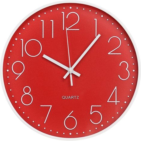 Horloge murale 10 pouces silencieuse, style moderne et épuré, ronde, cadran rouge stéréoscopique, mouvement à quartz, idéale pour la maison, le bureau, l'école, le salon, la chambre ou la cuisine. (1/5)