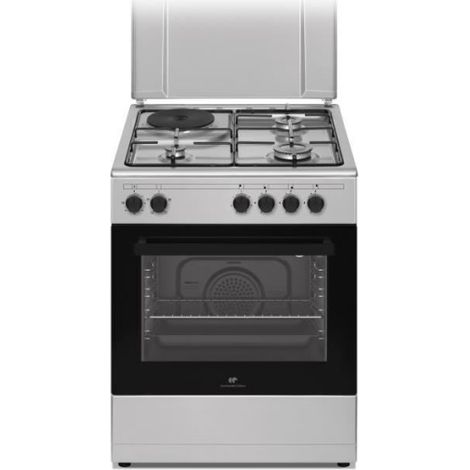Continental Edison – Cuisinière mixte 3 feux gaz + 1 électrique – Four électrique à convection naturelle – Auto-nettoyage à catalyse – L59,8 x P61 x H83 cm – Silver