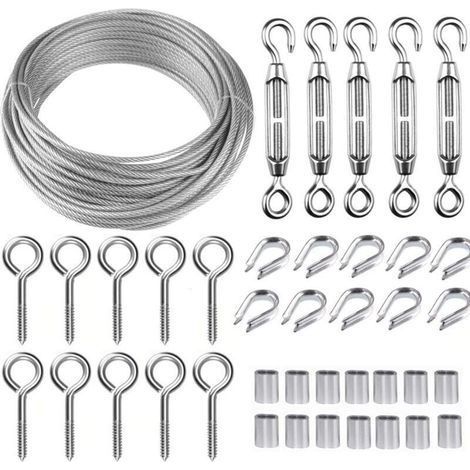 Kit de cble mtallique en acier inoxydable de 30.5 m avec tendeur de fil robuste M5, kit de rouleau de fil de clture, kit de garde-corps de cble, tendeurs de fil de jardin pour plantes grimpante (1/5)