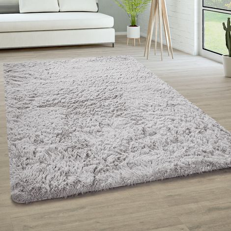 Paco Home Hochflor Teppich Wohnzimmer Fellteppich Kunstfell Shaggy Flauschig Einfarbig 60x100 cm, Silber