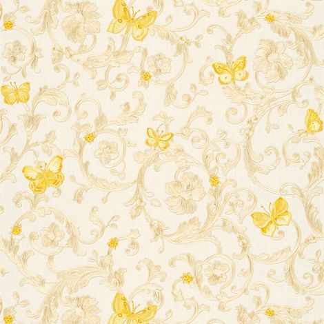 Exklusive Luxus Tapete Profhome 343251 Vliestapete leicht strukturiert mit Blumen-Muster glitzernd silber gelb creme 7,035 m2