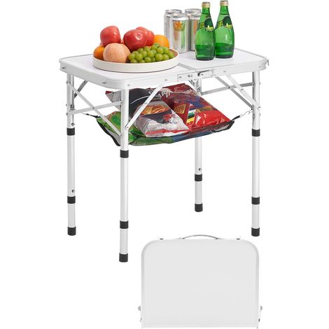 VEVOR Table de Camping Pliante 60x40 cm, Table deAppoint Portable Legere et Compacte, en Aluminium MDF, Hauteur Reglable, avec Couche en Maille et Poignee de Transport, pour Pique-nique, Argent
