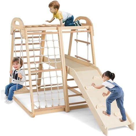 COSTWAY 8 in 1 Set Arrampicata per Bambini, Palestra Montessoriana in Legno con Scivolo Barra Altalena Scala a Corda Scala e Rete, Parco Giochi per Bambini 3-5 Anni (Naturale)