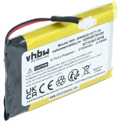 vhbw 1x Battery Replacement for Satmap 1S2PE583759-02X, ACT10-BAT-00146 for GPS Navigation System Sat Nav (2700mAh, 3.7 V, Li-polymer)