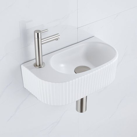 QeramiQ Fuente Ensemble de Lavabo - 40x21.5x12cm - gauche - strié - demi-rond - 1 trou de robinet - céramique - ensemble de robinet en acier