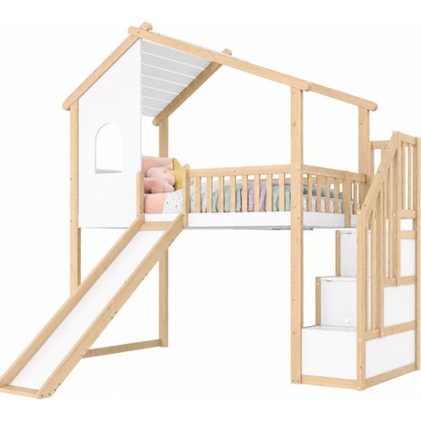 Lit mezzanine enfant 90 x 200 cm avec toboggan, échelle de rangement, barrières de sécurité et fenêtre maison, bois clair et blanc pour chambre ludique - CHICFURN (1/5)