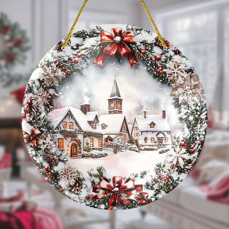 Maison En Bois - Décoration De Noël - Panneau Rond Murale Extérieure Porte - 20 X 20 Cm - 1 Pièce (1/5)