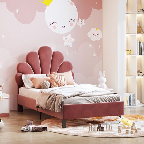 Letto imbottito singolo stile floreale 90x200 cm in velluto rosso fagiolo, con testiera e rete a doghe (1/5)