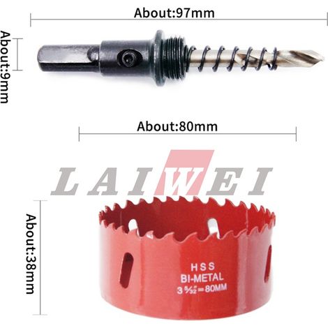 Scie trépan bimétallique 80mm HSS, pour bois, métal et plastique, outil de perçage avec adaptateur (1/5)
