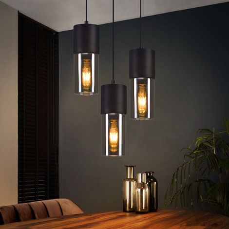 Lámpara colgante de vidrio de 3 llamas GBLY - Lámpara colgante LED redonda Lámparas de mesa negras Lámpara de pantalla de metal E27 para mesa de comedor Escalera Dormitorio