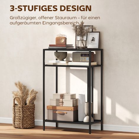 Console d'entrée étroite noire 55 cm, étagère à 3 niveaux, structure en métal pour salon ou couloir. (1/4)