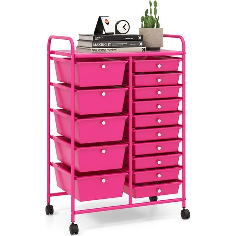 Chariot de rangement mobile rose, 15 tiroirs amovibles, cadre métallique et 4 roues dont 2 freins pour bureau, garage et atelier (1/5)