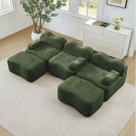 Sofá modular en U verde de terciopelo con espuma 32D, asiento profundo y 2 otomanas (1/4)