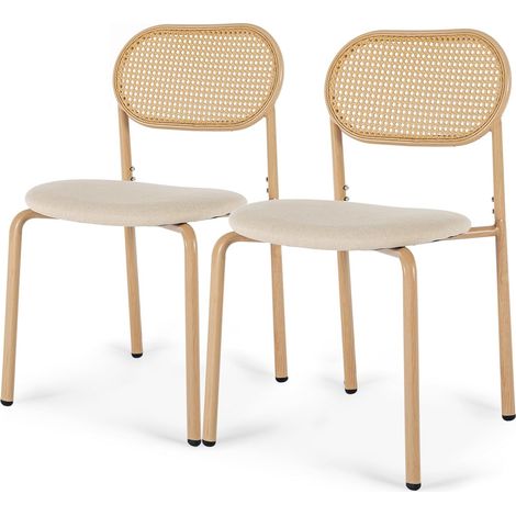 Lot de 2 chaises de salle à manger en rotin naturel, chaises cannage avec assise rembourrée, dossier tressé, style scandinave bohème pour cuisine, bureau, salon (1/5)