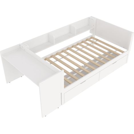 Einzelbett 90x200 cm mit integriertem Schreibtisch, 2 Schubladen und Regalen, weiß (1/5)