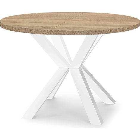 Table de salle à manger ronde extensible RAL avec pieds en bois, style loft, industriel, diamètre : 110 / 160 cm, Couleur :Sonoma / Blanc (1/4)