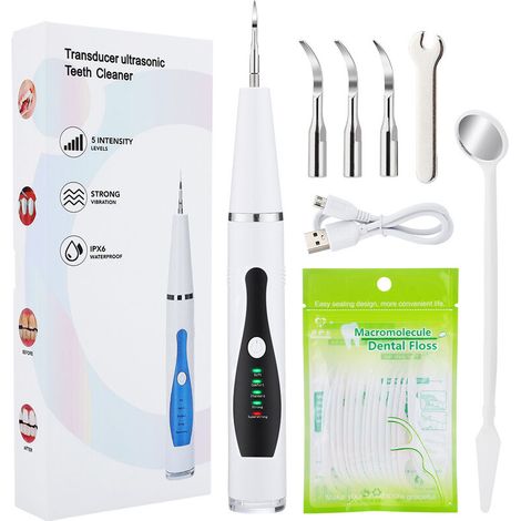Kit dentali, kit per la pulizia dei denti con specchio orale, filo interdentale a ultrasuoni a LED e 5 velocità (bianco + nero)