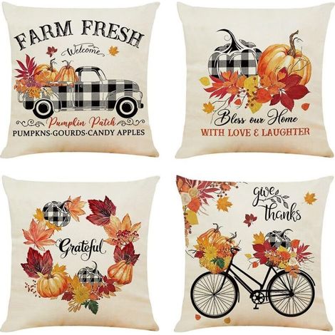 Housse de Coussin 45x45 Automne Jaune et Orange Taies d'oreiller en Lin Coussins de Canapé Décoratifs Lot de 4 Feuilles Dorées (1/5)