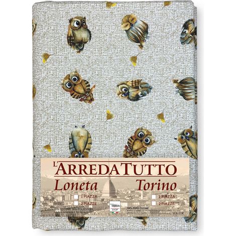 TELO ARREDO copritutto GRAN FOULARD COPRILETTO copridivano tessuto DIGITY GUFI gufetti beige in puro cotone 2 PIAZZE (1/5)