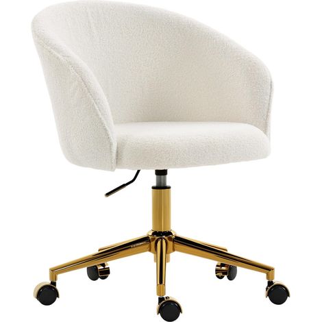 Chaise de Bureau Pivotante en Polaire Teddy Crème Fauteuil de Coiffeuse Hauteur Réglable 43-53 cm Piètement Acier Doré (1/5)