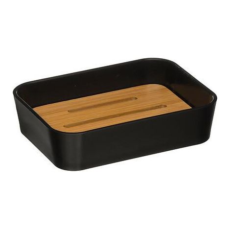 Portasapone da bagno Natureo, in plastica nera e bambù.