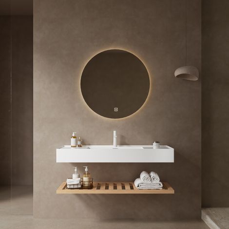 Set lavabo sospeso 120 cm in resina bianca con mensola in compensato effetto legno (1/4)