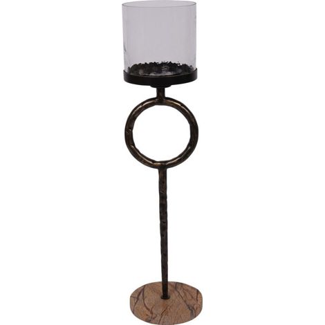 Rutland Floor Hurricane Small - Marble/Iron/Glass - L23 x W23 x H92.5 cm - Antique Gold/Forest Brown