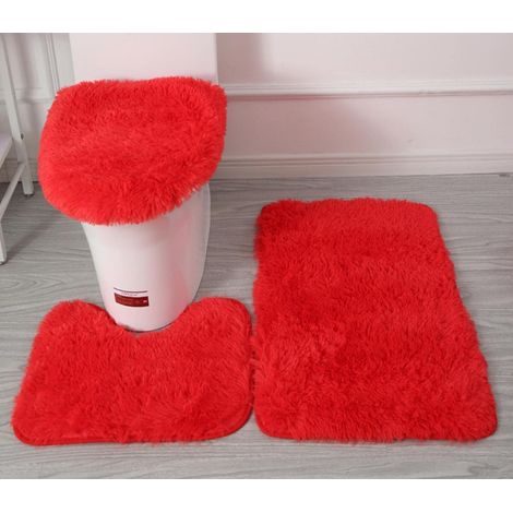 Tapis de salle de bain en couleur unie Lot de 3, Tapis de Salle de Bain Antidérapant, Tapis de Salle de Bain en Forme de U, Ensemble de Housses de Toilette Absorbantes,Rouge (1/5)