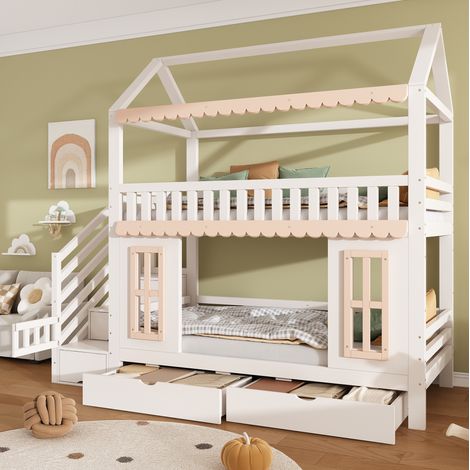 Letto a castello 90x200 cm bianco e naturale in pino e MDF con forma a casetta, scala contenitore e cassetti (1/5)