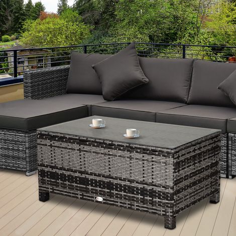 Table basse de jardin en polyrattan gris, rectangulaire, avec plateau en verre trempé, résistante aux intempéries (1/5)